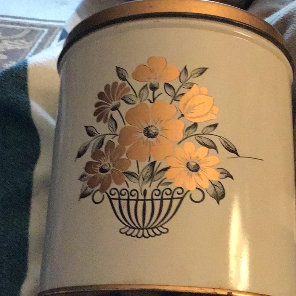 Decorative Cream Canister with Gold Floral Design